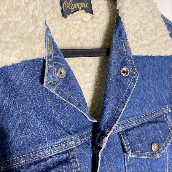 Vintage Olympic Med Wash Blue Denim Sherpa Lined Jean Jacket M - Picture 10 of 16